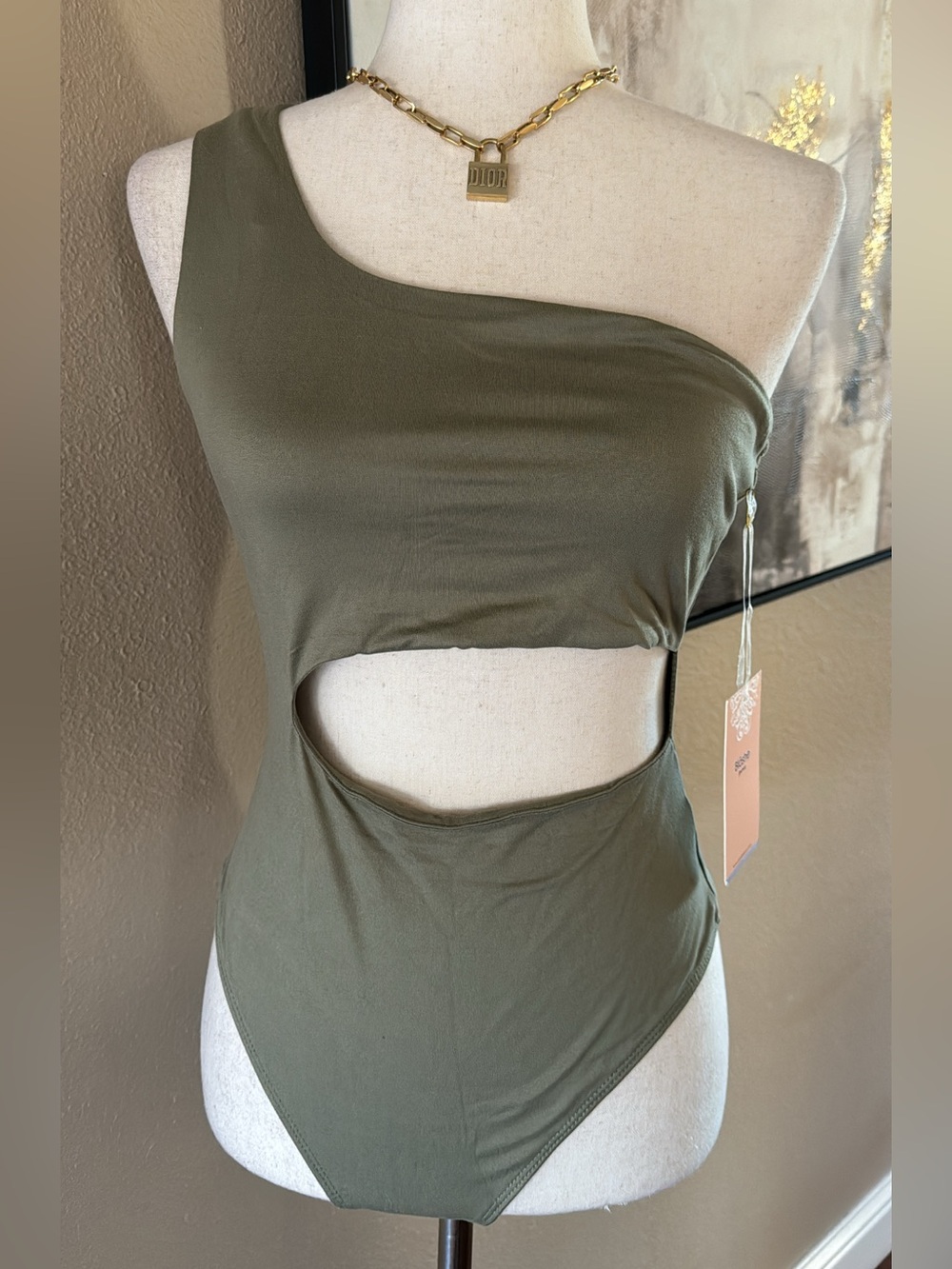 One-Shoulder Olive Cutout Bodysuit by Blashe
